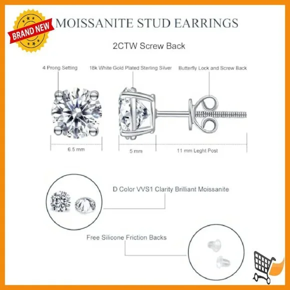 Moissanite Stud Earrings Sterling Silver Hypoallergenic Screw Back